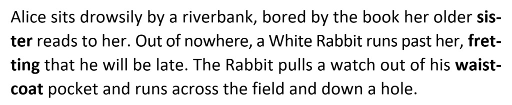 Portion of book text displaying 3 hyphenated words appearing at the end of separate lines