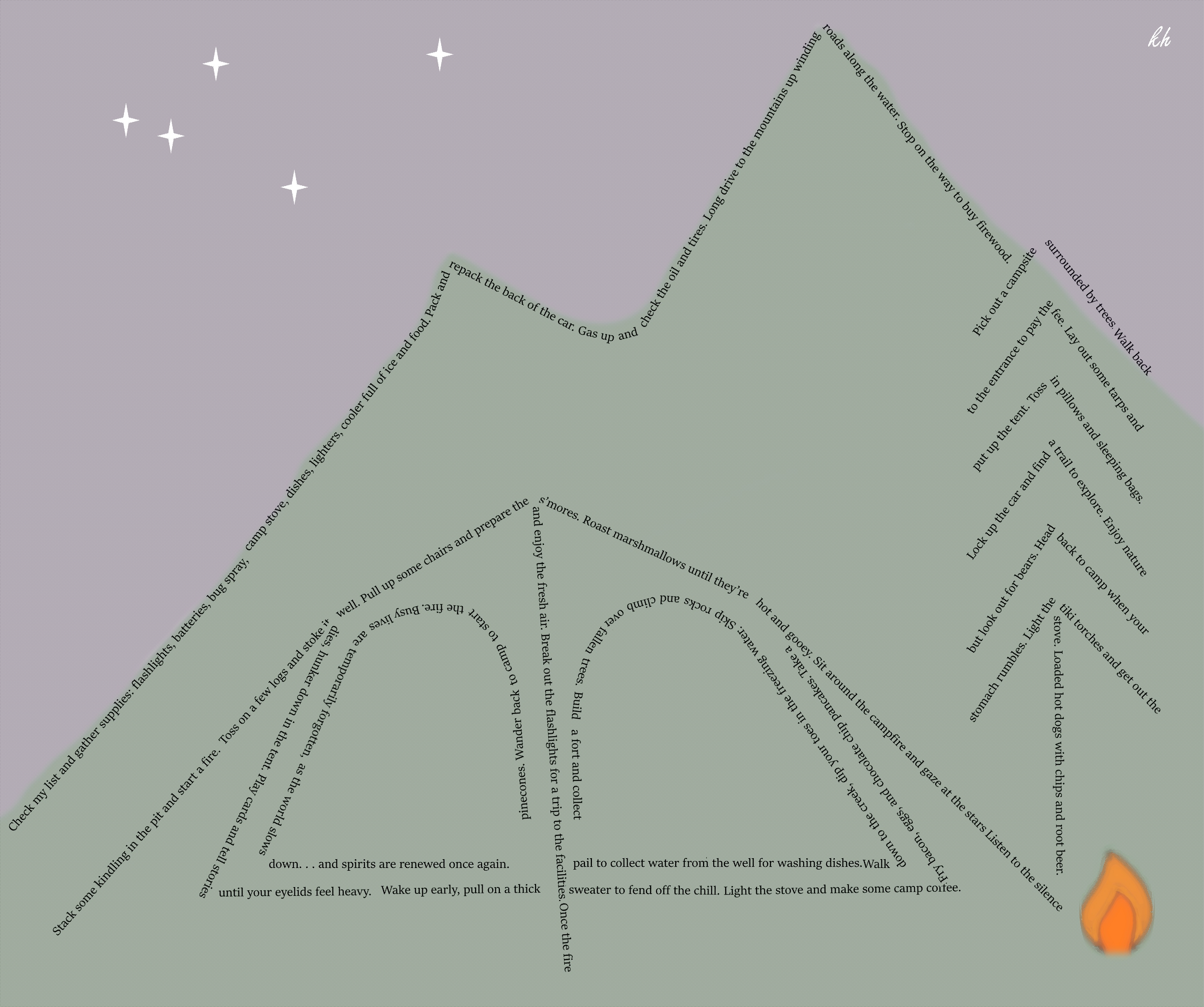 mountain camping scene shaped with words
